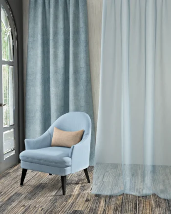 Luxury blue curtain fabric with sheer panel in modern living room – Aartex 5th Avenue collection