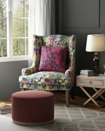 Elegant floral upholstery fabric on accent chair in modern interior – Aartex Amazon collection