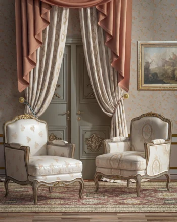 Royal-inspired upholstery fabric on classic accent chairs with premium curtain backdrop – Aartex Arabian collection