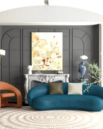 Contemporary curved blue sofa and designer accent chair with premium upholstery fabric from Avocado Blume collection