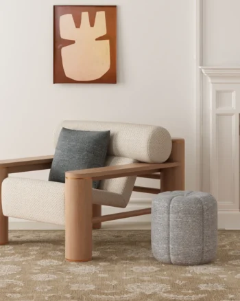 Elegant woven upholstery fabric styled on modern wooden lounge chair and ottoman