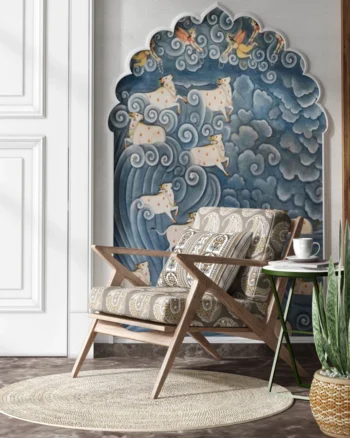 Classic motif fabric upholstered on lounge chair in luxury home décor