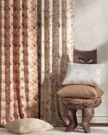 Elegant botanical and geometric furnishing fabrics with decorative cushions from Chipotle collection by Aartex Furnishings