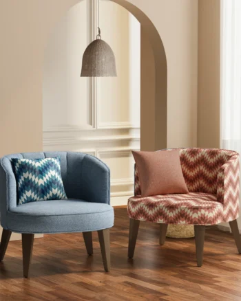 Ethnic-inspired geometric upholstery fabric collection for modern accent chairs and luxury interiors by Aartex Furnishings