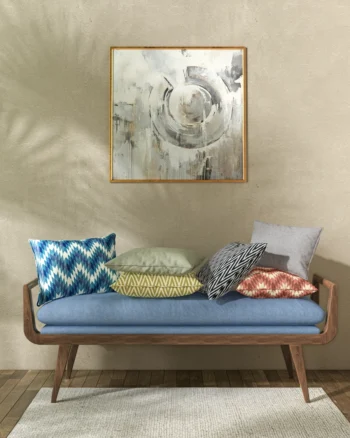 Colorful geometric cushion fabrics styled on modern wooden seating – Aartex Maddock collection